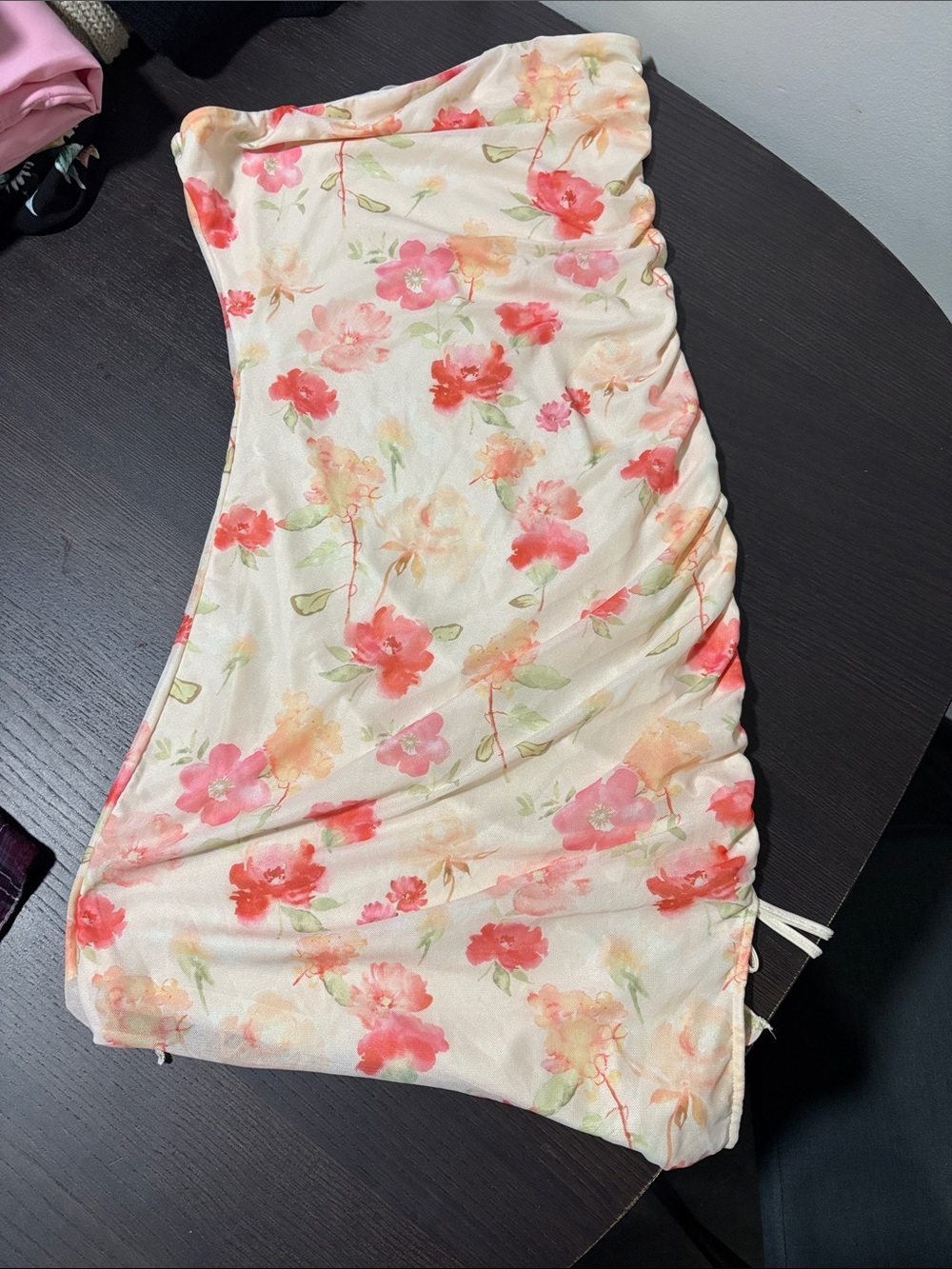 Floral Strapless Ruched Dress in Cream and Coral